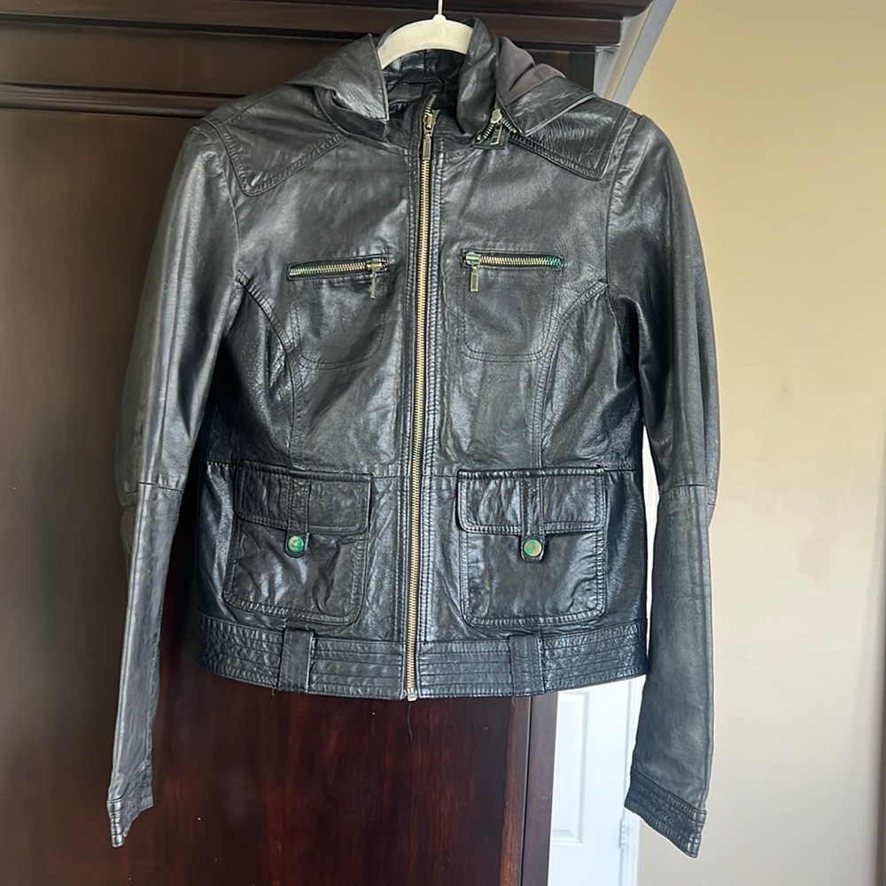 Leather Jcaket with removable Hood Size L